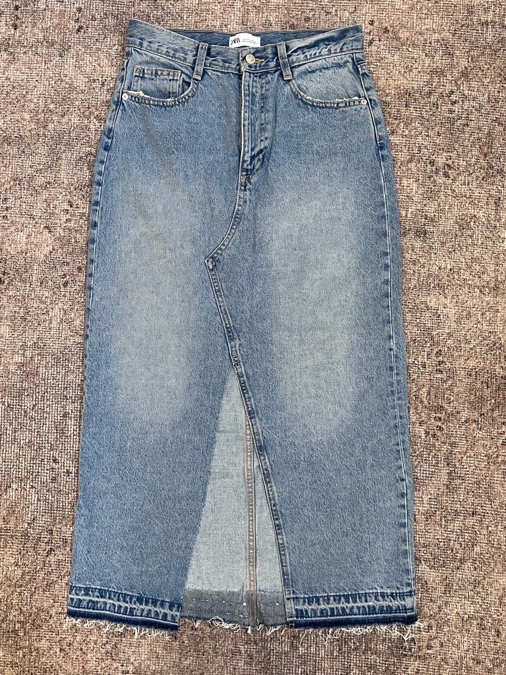 Zara High Rise A-Line Midi Denim Skirt with Slit Frayed Hem S